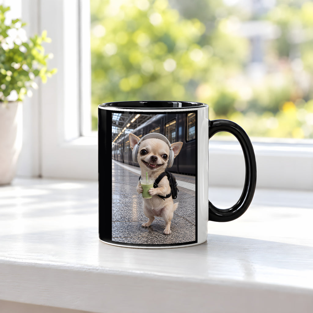 Bahnhof-Chihuahua – Tasse. Innen schwarz. 3 FENSTER. KI-Motiv.