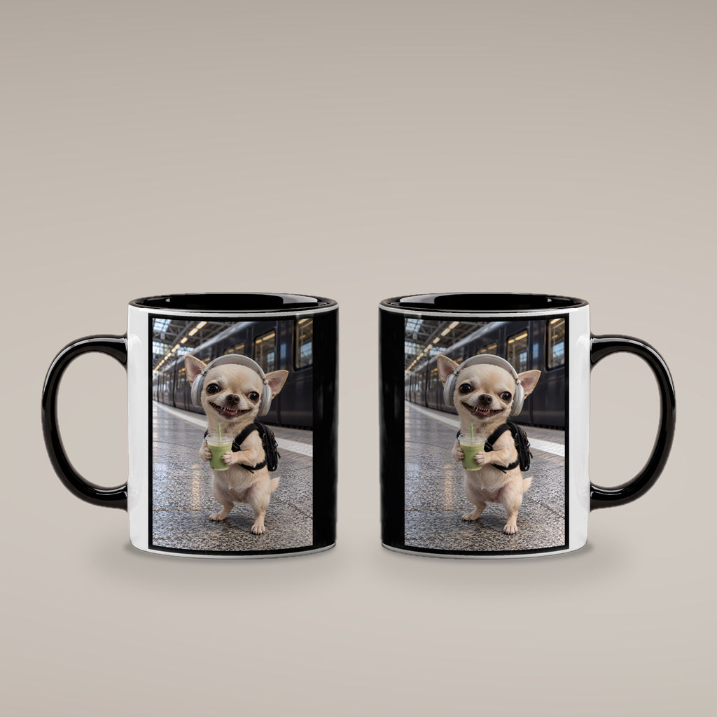 Bahnhof-Chihuahua – Tasse. Innen schwarz. 4 BEIDE SEITEN. KI-Motiv.