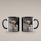 Bahnhof-Chihuahua – Tasse. Innen schwarz. 4 BEIDE SEITEN. KI-Motiv.