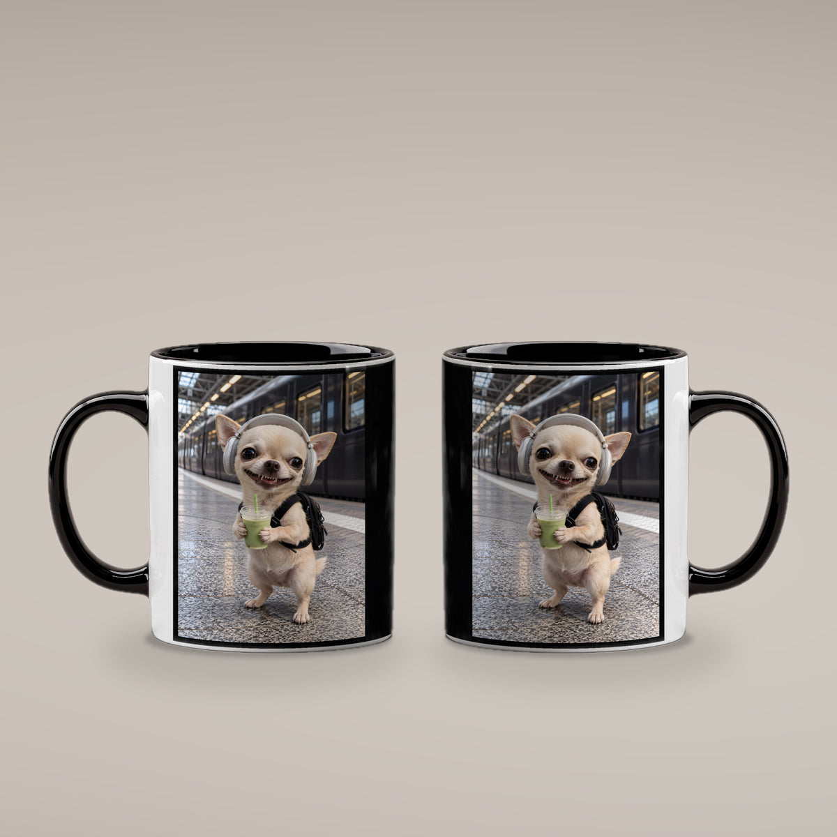Bahnhof-Chihuahua – Tasse. Innen schwarz. 4 BEIDE SEITEN. KI-Motiv.