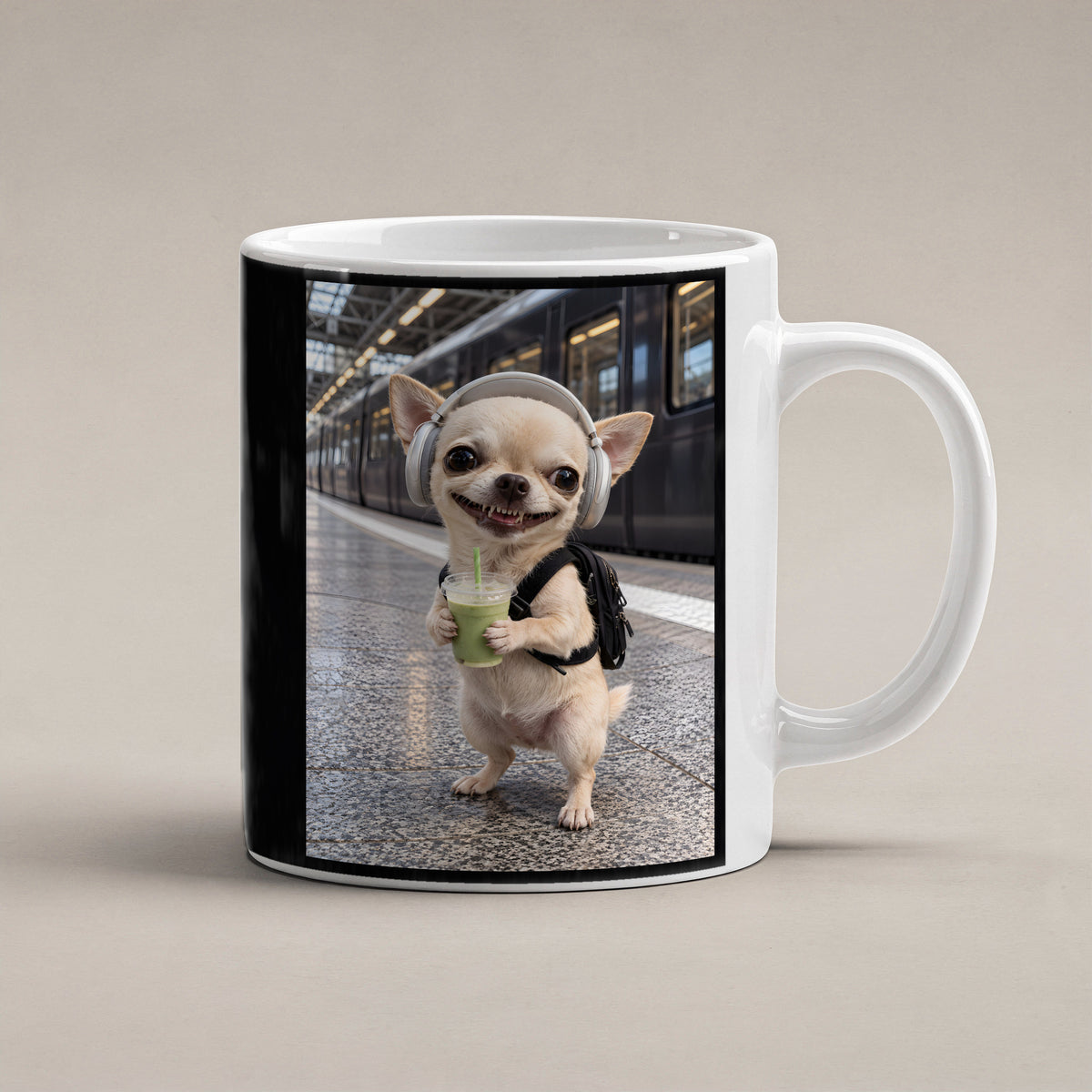 Bahnhof-Chihuahua – Tasse. Weiß. 1 STUDIO. KI-Motiv.