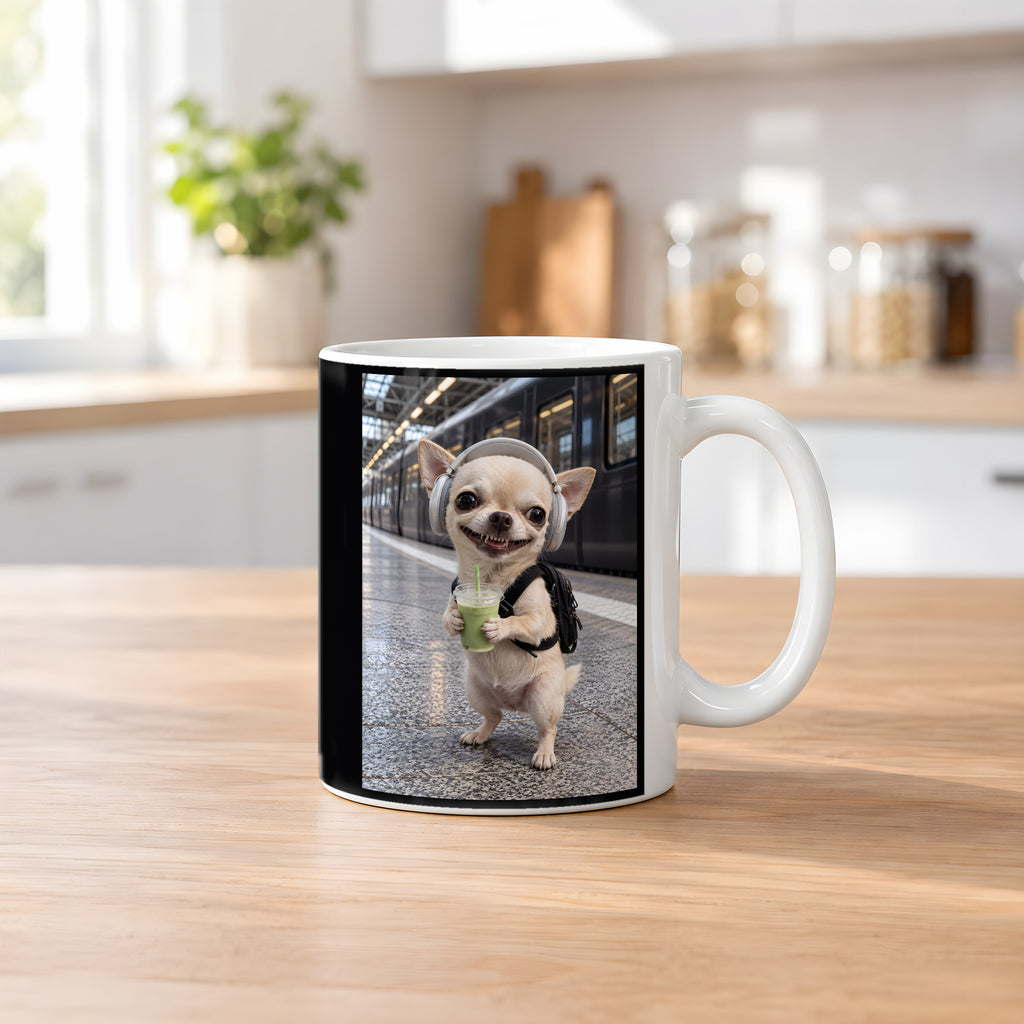 Bahnhof-Chihuahua – Tasse. Weiß. 2 KUECHE. KI-Motiv.