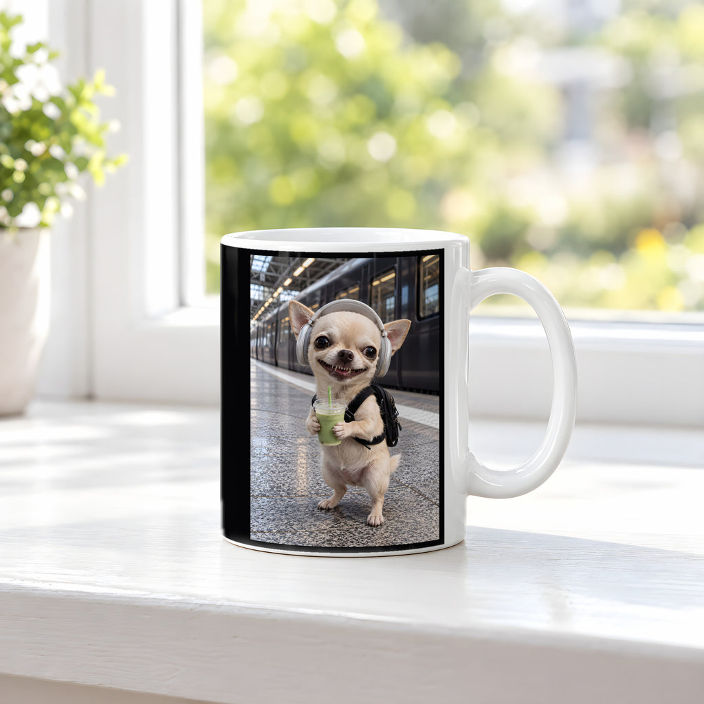 Bahnhof-Chihuahua – Tasse. Weiß. 3 FENSTER. KI-Motiv.