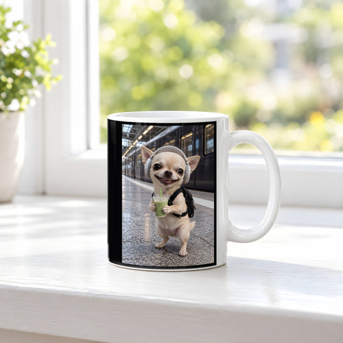 Bahnhof-Chihuahua – Tasse. Weiß. 3 FENSTER. KI-Motiv.