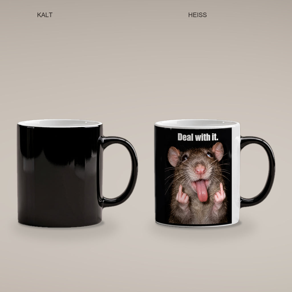 Freche Ratte V2 – Tasse mit Spruch. Zaubertasse: Wärmeeffekt. 4 KALT HEISS. KI-Motiv.