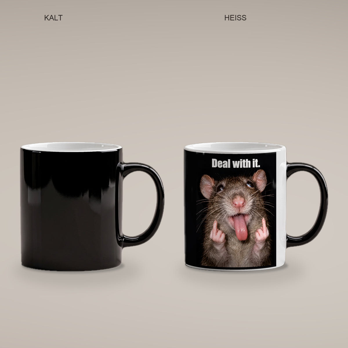 Freche Ratte V2 – Tasse mit Spruch. Zaubertasse: Wärmeeffekt. 4 KALT HEISS. KI-Motiv.