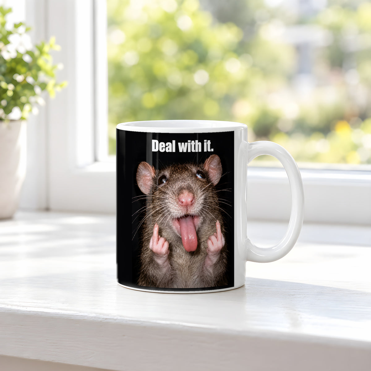 Freche Ratte V2 – Tasse mit Spruch. Weiß. 3 FENSTER. KI-Motiv.