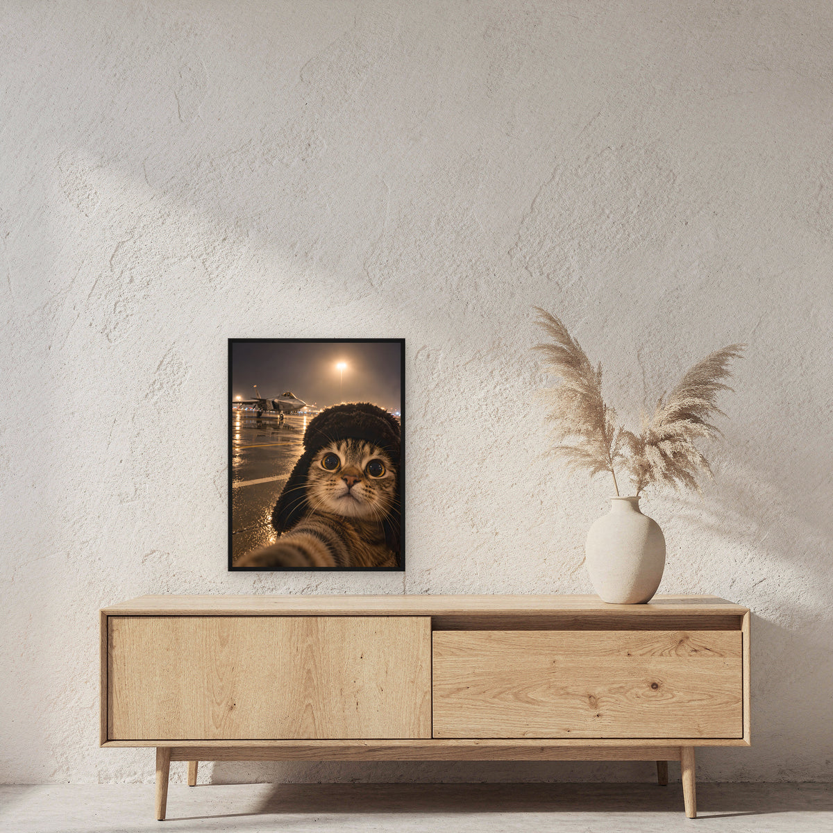 Katze am Flugfeld – Gerahmtes Wandbild. 45×60 cm. 2 RAUM. KI-Motiv.