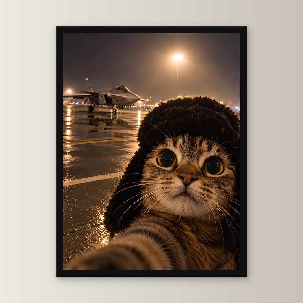 Katze am Flugfeld – Gerahmtes Wandbild. 30×40 cm. 1 FRONTAL. KI-Motiv.