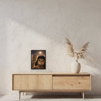 Katze am Flugfeld – Gerahmtes Wandbild. 30×40 cm. 2 RAUM. KI-Motiv.