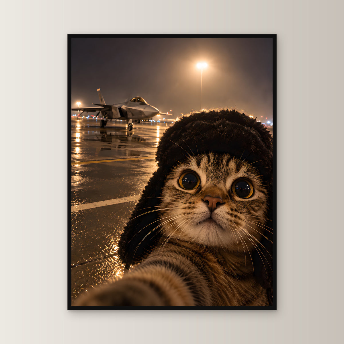 Katze am Flugfeld – Gerahmtes Wandbild. 60×80 cm. 1 FRONTAL. KI-Motiv.