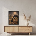 Katze am Flugfeld – Gerahmtes Wandbild. 60×80 cm. 2 RAUM. KI-Motiv.