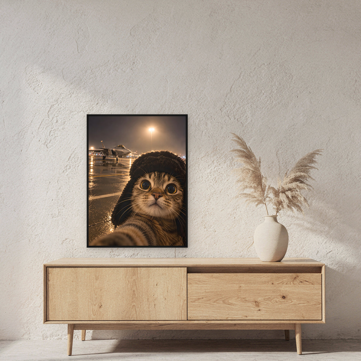 Katze am Flugfeld – Gerahmtes Wandbild. 60×80 cm. 2 RAUM. KI-Motiv.