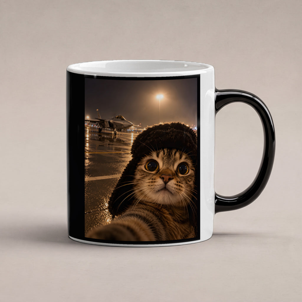 Katze am Flugfeld – Tasse. Zaubertasse: Wärmeeffekt. 1 STUDIO HEISS. KI-Motiv.