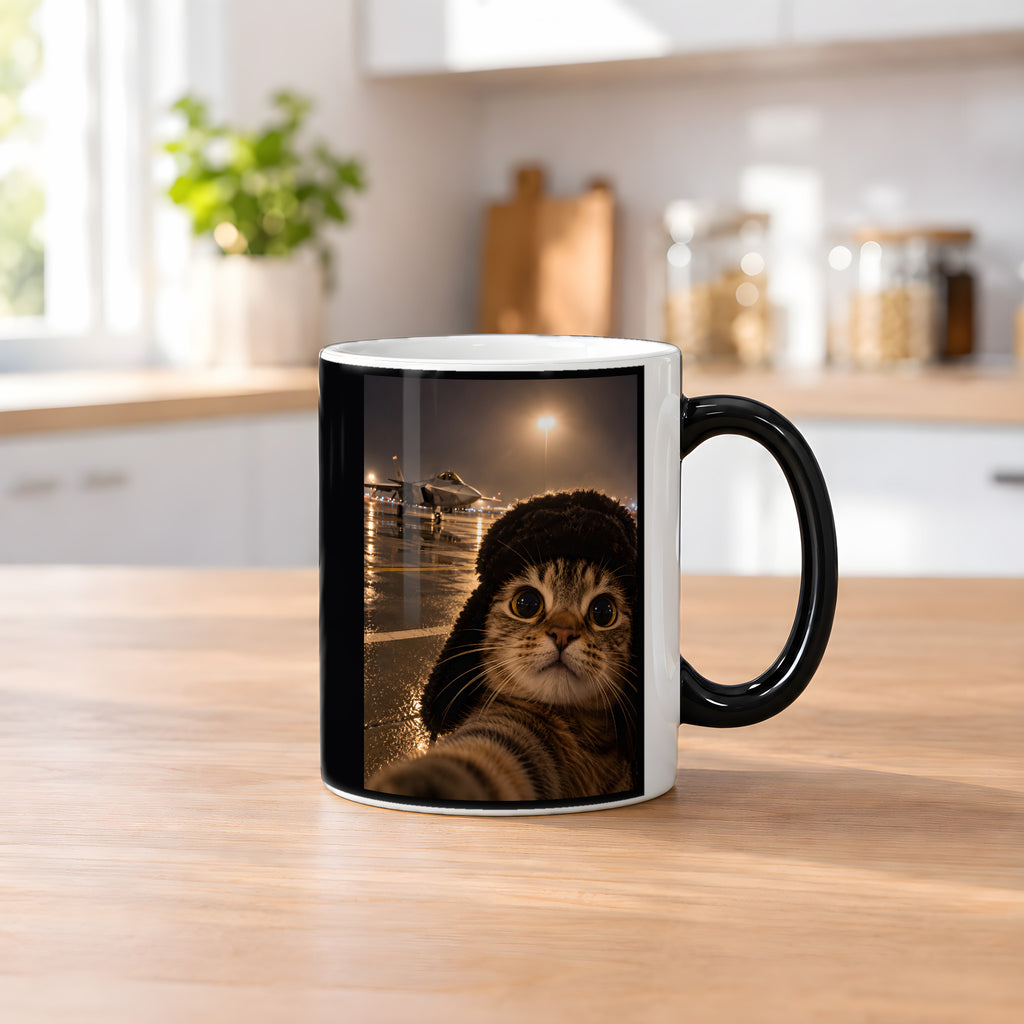 Katze am Flugfeld – Tasse. Zaubertasse: Wärmeeffekt. 2 KUECHE HEISS. KI-Motiv.