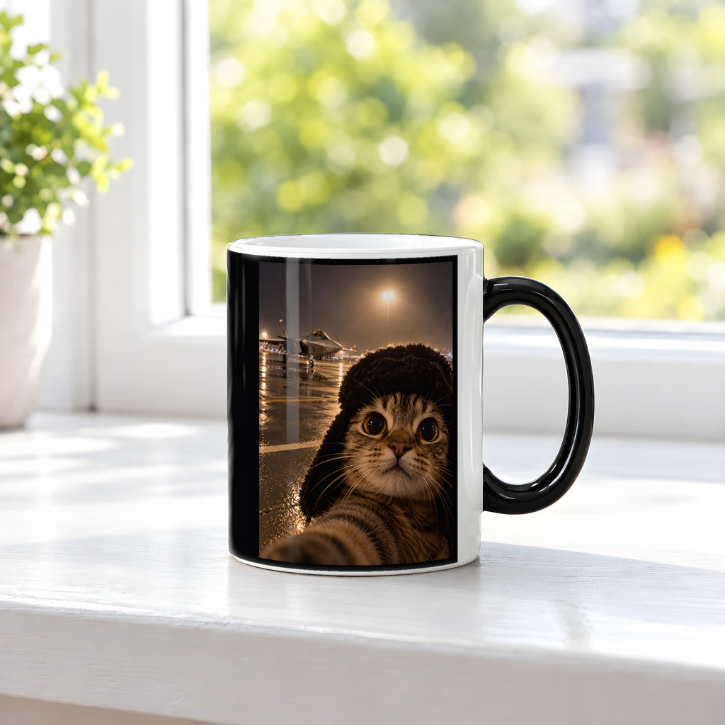 Katze am Flugfeld – Tasse. Zaubertasse: Wärmeeffekt. 3 FENSTER HEISS. KI-Motiv.