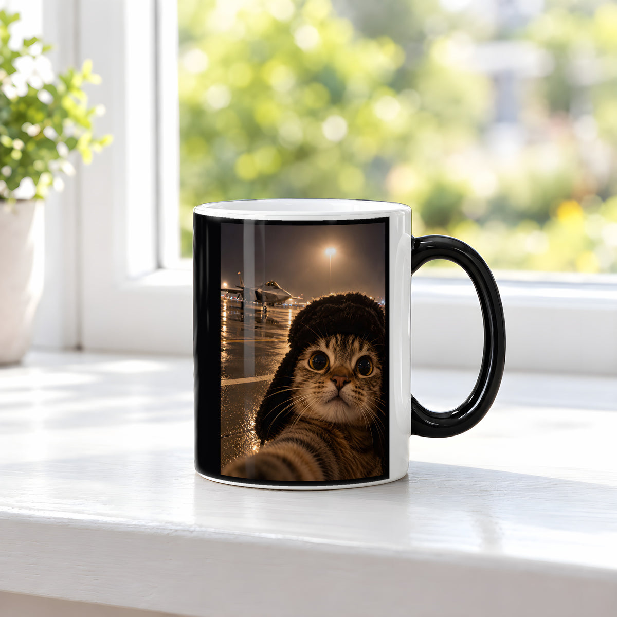 Katze am Flugfeld – Tasse. Zaubertasse: Wärmeeffekt. 3 FENSTER HEISS. KI-Motiv.
