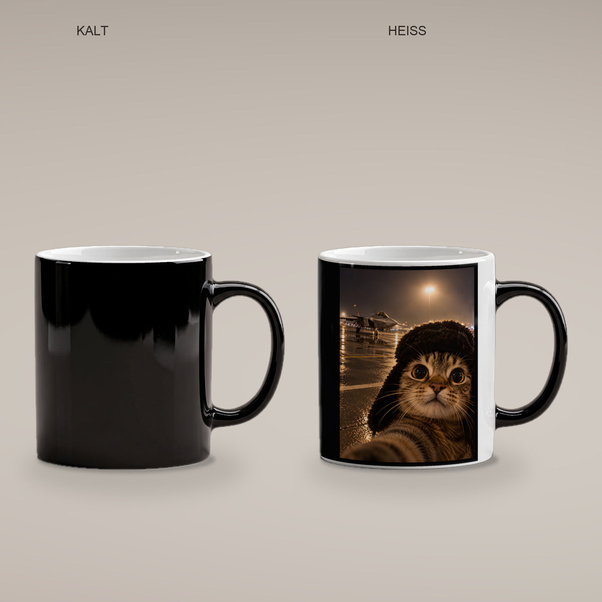 Katze am Flugfeld – Tasse. Zaubertasse: Wärmeeffekt. 4 KALT HEISS. KI-Motiv.