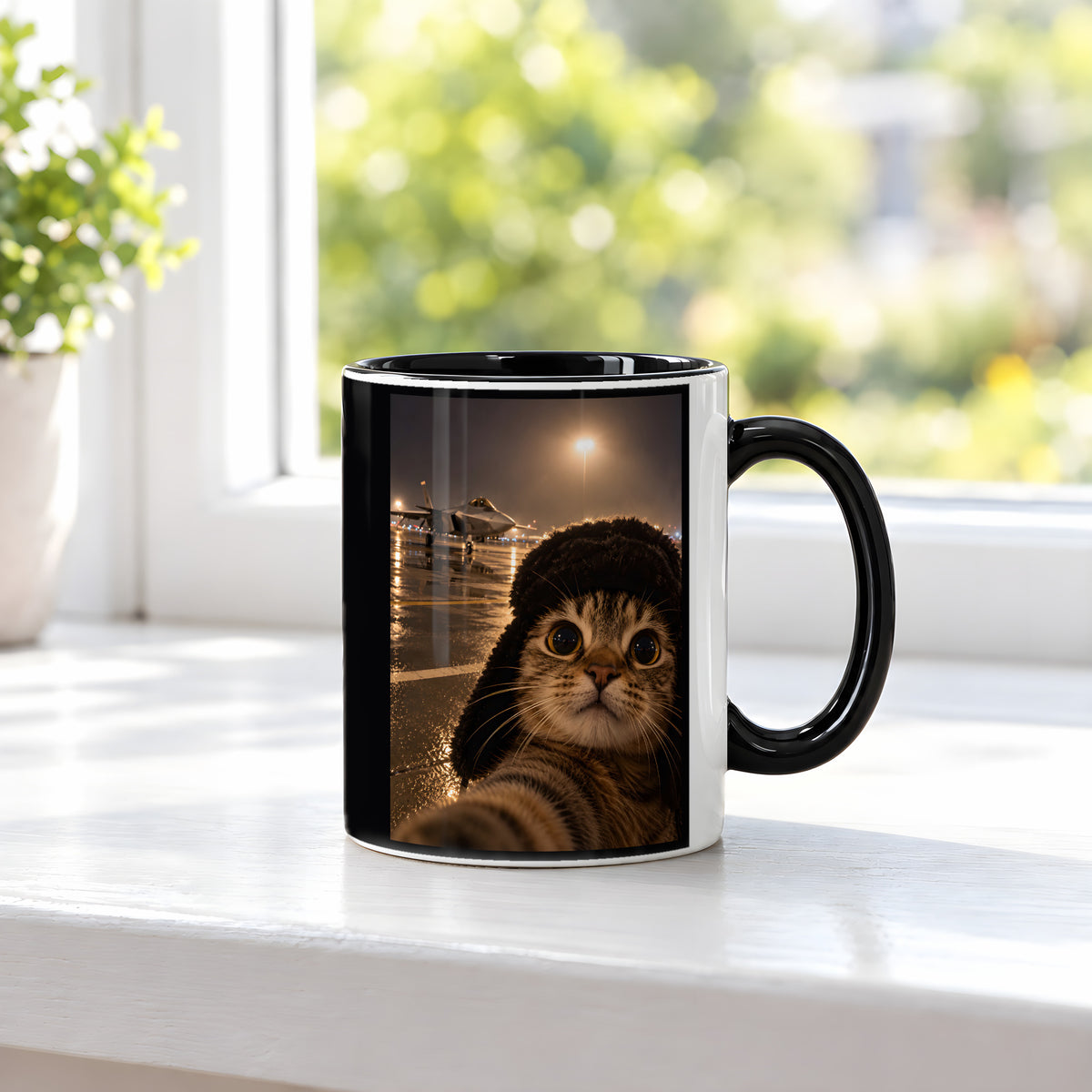 Katze am Flugfeld – Tasse. Innen schwarz. 3 FENSTER. KI-Motiv.