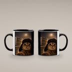 Katze am Flugfeld – Tasse. Innen schwarz. 4 BEIDE SEITEN. KI-Motiv.