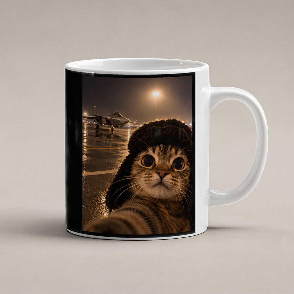 Katze am Flugfeld – Tasse. Weiß. 1 STUDIO. KI-Motiv.