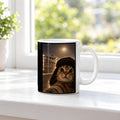 Katze am Flugfeld – Tasse. Weiß. 3 FENSTER. KI-Motiv.