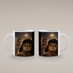 Katze am Flugfeld – Tasse. Weiß. 4 BEIDE SEITEN. KI-Motiv.
