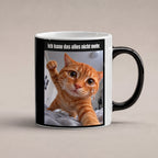 Weinende Katze – Tasse mit Spruch. Zaubertasse: Wärmeeffekt. 1 STUDIO HEISS. KI-Motiv.