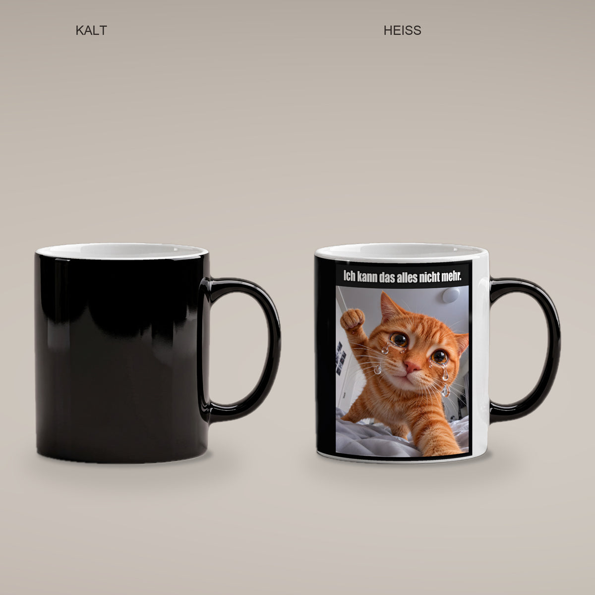 Weinende Katze – Tasse mit Spruch. Zaubertasse: Wärmeeffekt. 4 KALT HEISS. KI-Motiv.