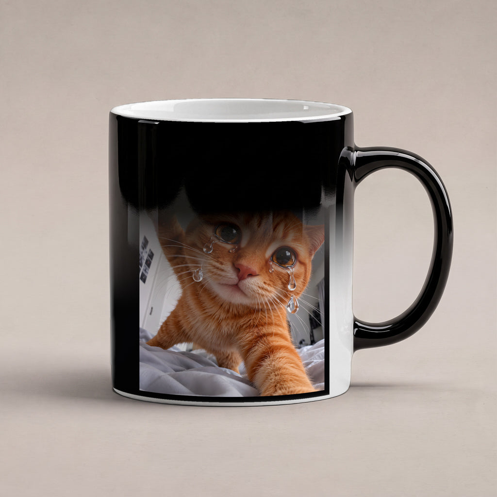 Weinende Katze – Tasse mit Spruch. Zaubertasse: Wärmeeffekt. 6 WAERMEEFFEKT. KI-Motiv.
