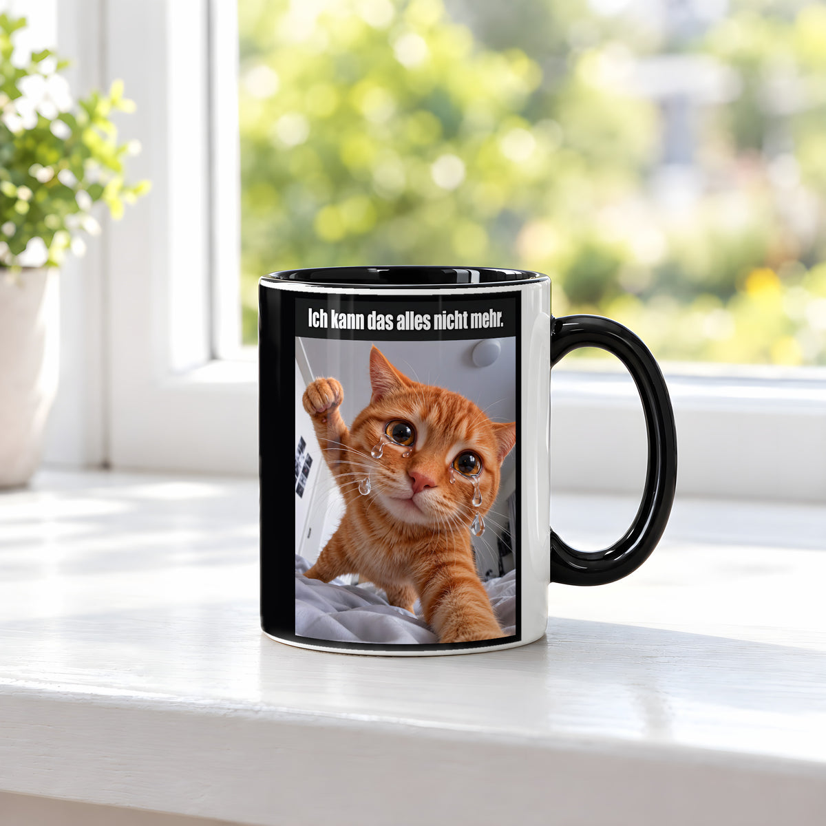 Weinende Katze – Tasse mit Spruch. Innen schwarz. 3 FENSTER. KI-Motiv.