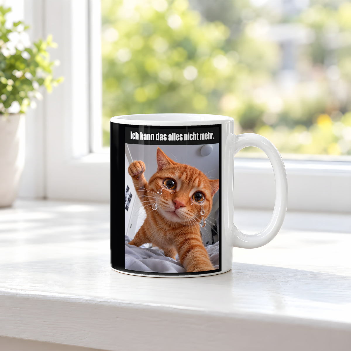 Weinende Katze – Tasse mit Spruch. Weiß. 3 FENSTER. KI-Motiv.