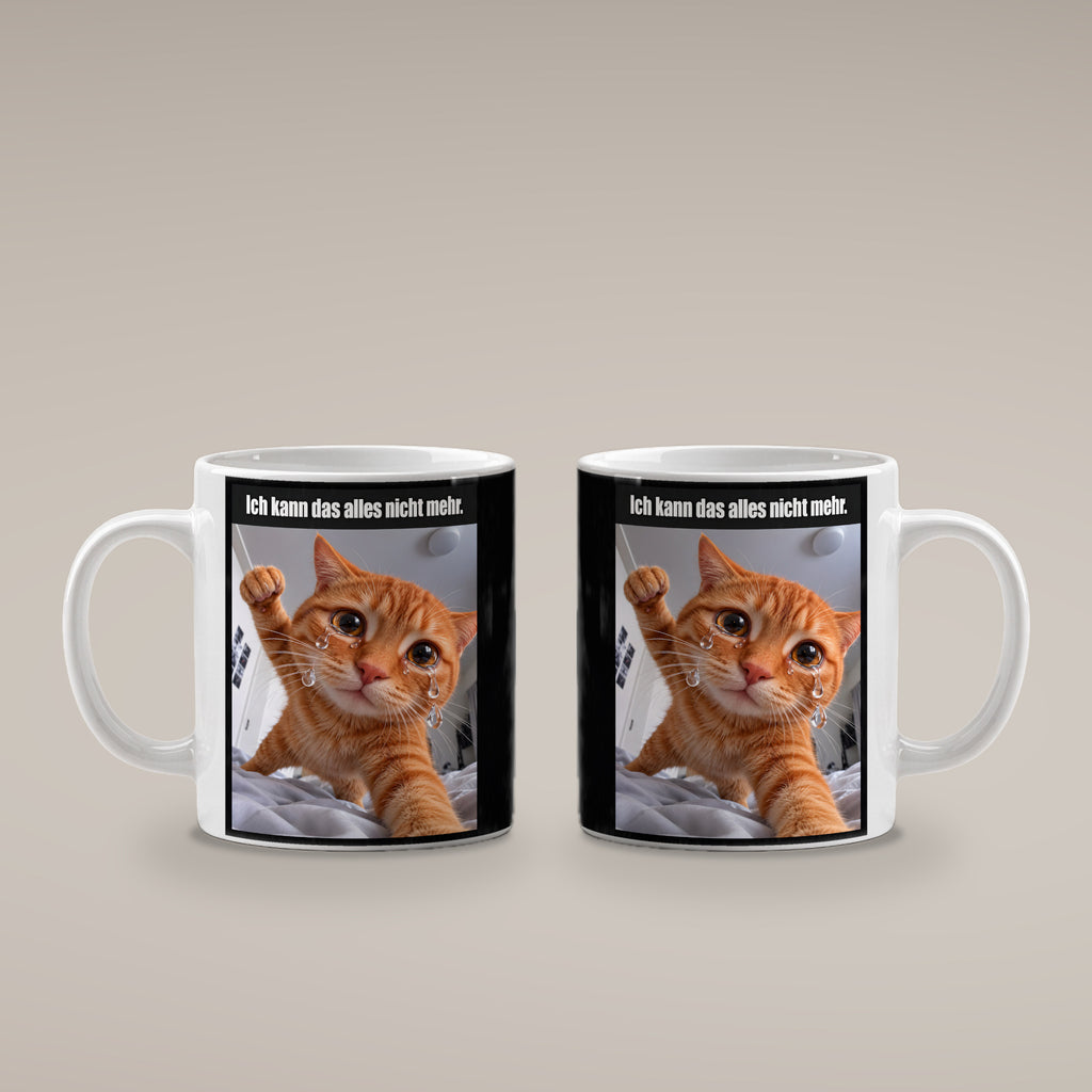 Weinende Katze – Tasse mit Spruch. Weiß. 4 BEIDE SEITEN. KI-Motiv.