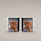 Weinende Katze – Tasse mit Spruch. Weiß. 4 BEIDE SEITEN. KI-Motiv.