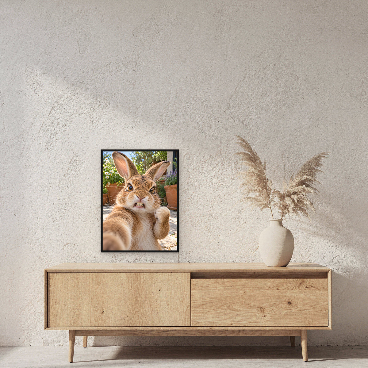 Wütendes Kaninchen – Gerahmtes Wandbild. 45×60 cm. 2 RAUM. KI-Motiv.