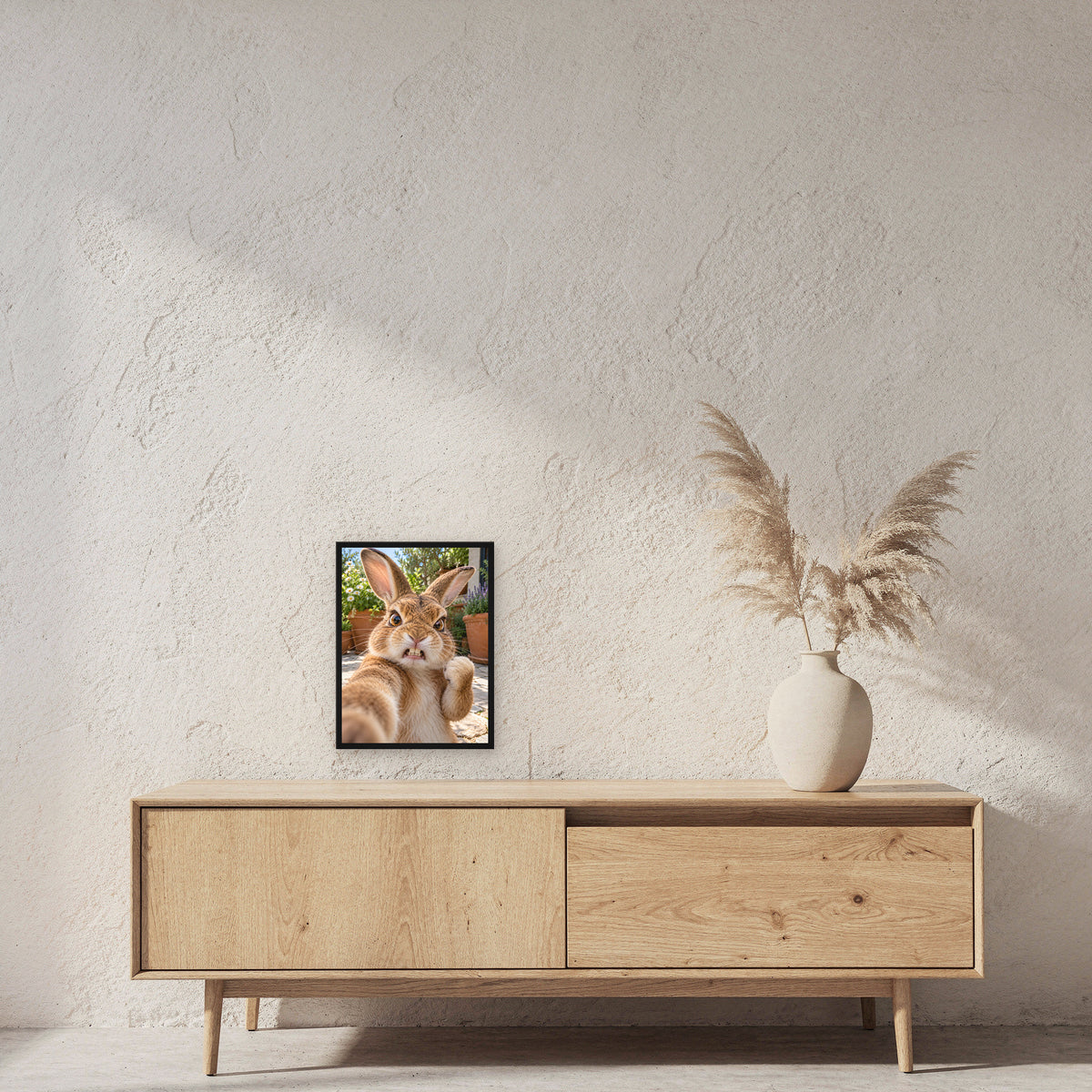 Wütendes Kaninchen – Gerahmtes Wandbild. 30×40 cm. 2 RAUM. KI-Motiv.