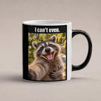 Lachender Waschbär – Tasse mit Spruch. Zaubertasse: Wärmeeffekt. 1 STUDIO HEISS. KI-Motiv.