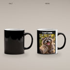 Lachender Waschbär – Tasse mit Spruch. Zaubertasse: Wärmeeffekt. 4 KALT HEISS. KI-Motiv.