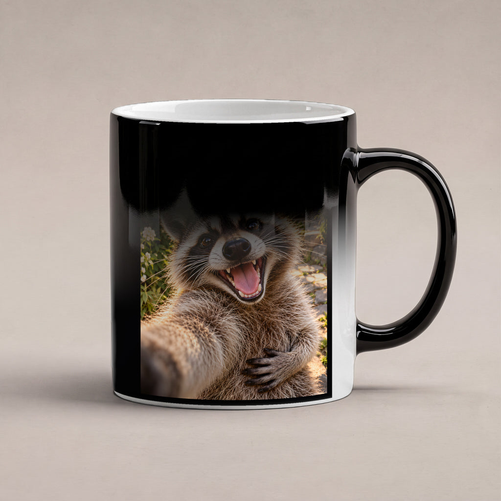 Lachender Waschbär – Tasse mit Spruch. Zaubertasse: Wärmeeffekt. 6 WAERMEEFFEKT. KI-Motiv.