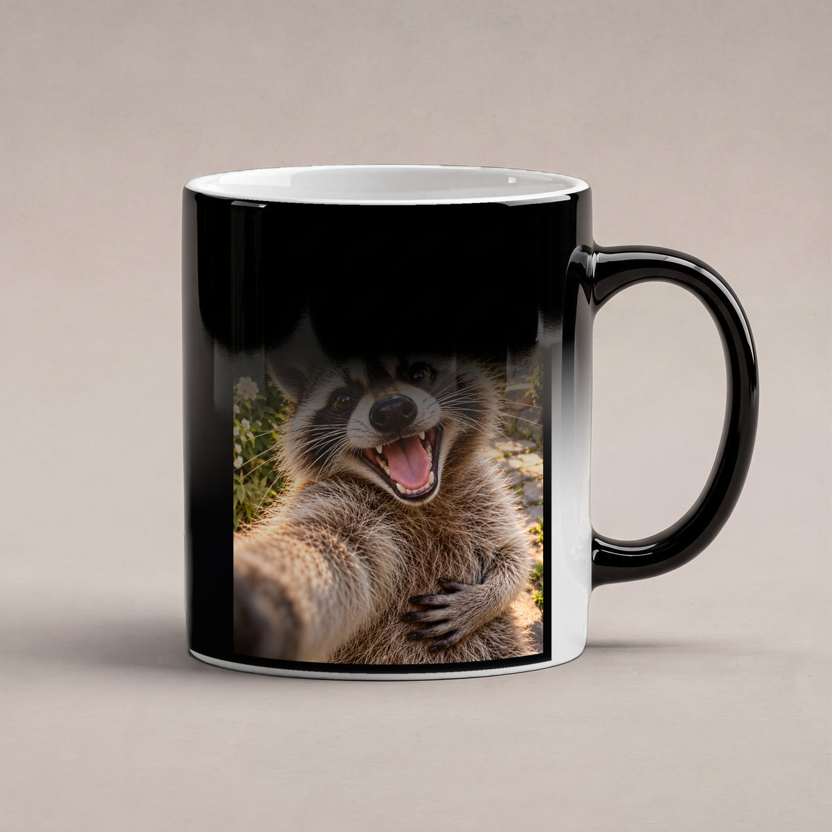 Lachender Waschbär – Tasse mit Spruch. Zaubertasse: Wärmeeffekt. 6 WAERMEEFFEKT. KI-Motiv.