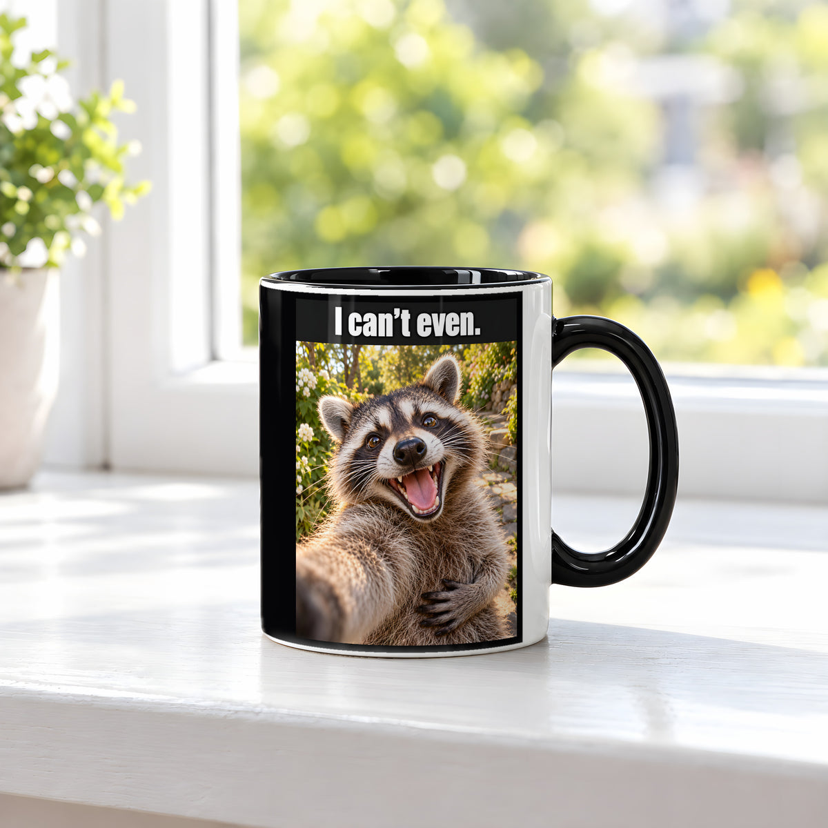 Lachender Waschbär – Tasse mit Spruch. Innen schwarz. 3 FENSTER. KI-Motiv.