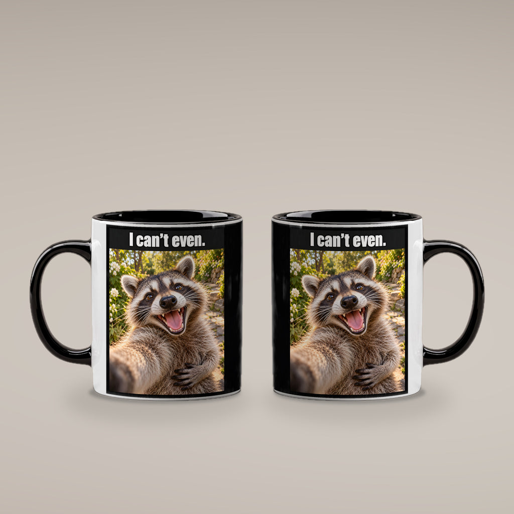 Lachender Waschbär – Tasse mit Spruch. Innen schwarz. 4 BEIDE SEITEN. KI-Motiv.