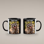 Lachender Waschbär – Tasse mit Spruch. Innen schwarz. 4 BEIDE SEITEN. KI-Motiv.