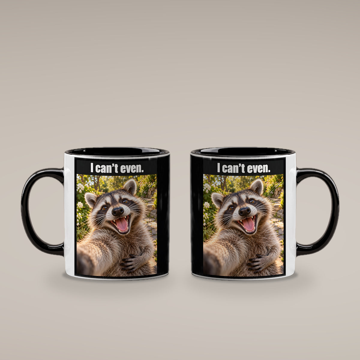 Lachender Waschbär – Tasse mit Spruch. Innen schwarz. 4 BEIDE SEITEN. KI-Motiv.