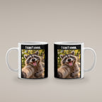 Lachender Waschbär – Tasse mit Spruch. Weiß. 4 BEIDE SEITEN. KI-Motiv.