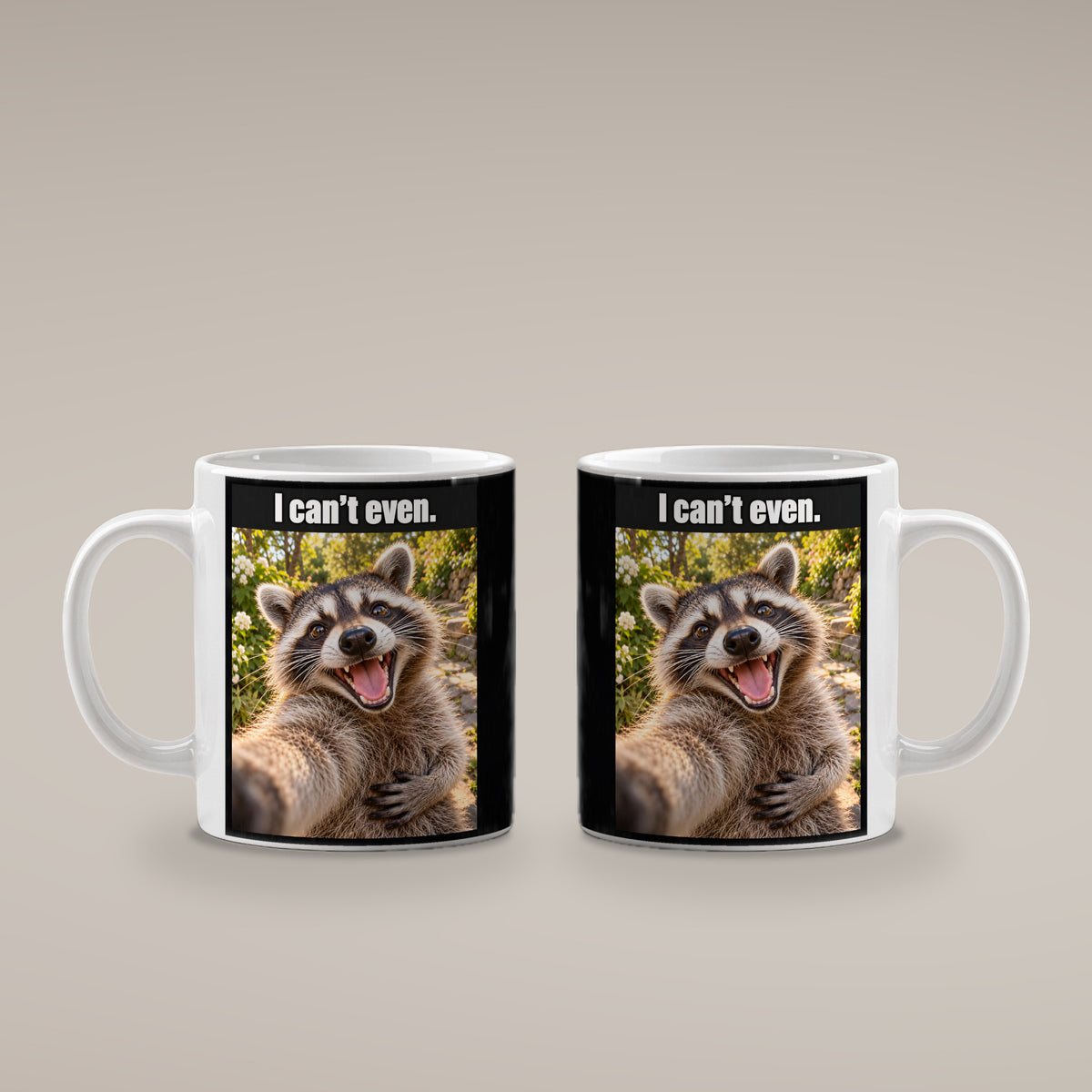 Lachender Waschbär – Tasse mit Spruch. Weiß. 4 BEIDE SEITEN. KI-Motiv.