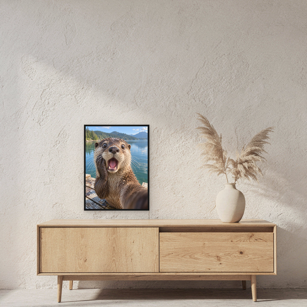 Geschockter Otter – Gerahmtes Wandbild. 45×60 cm. 2 RAUM. KI-Motiv.