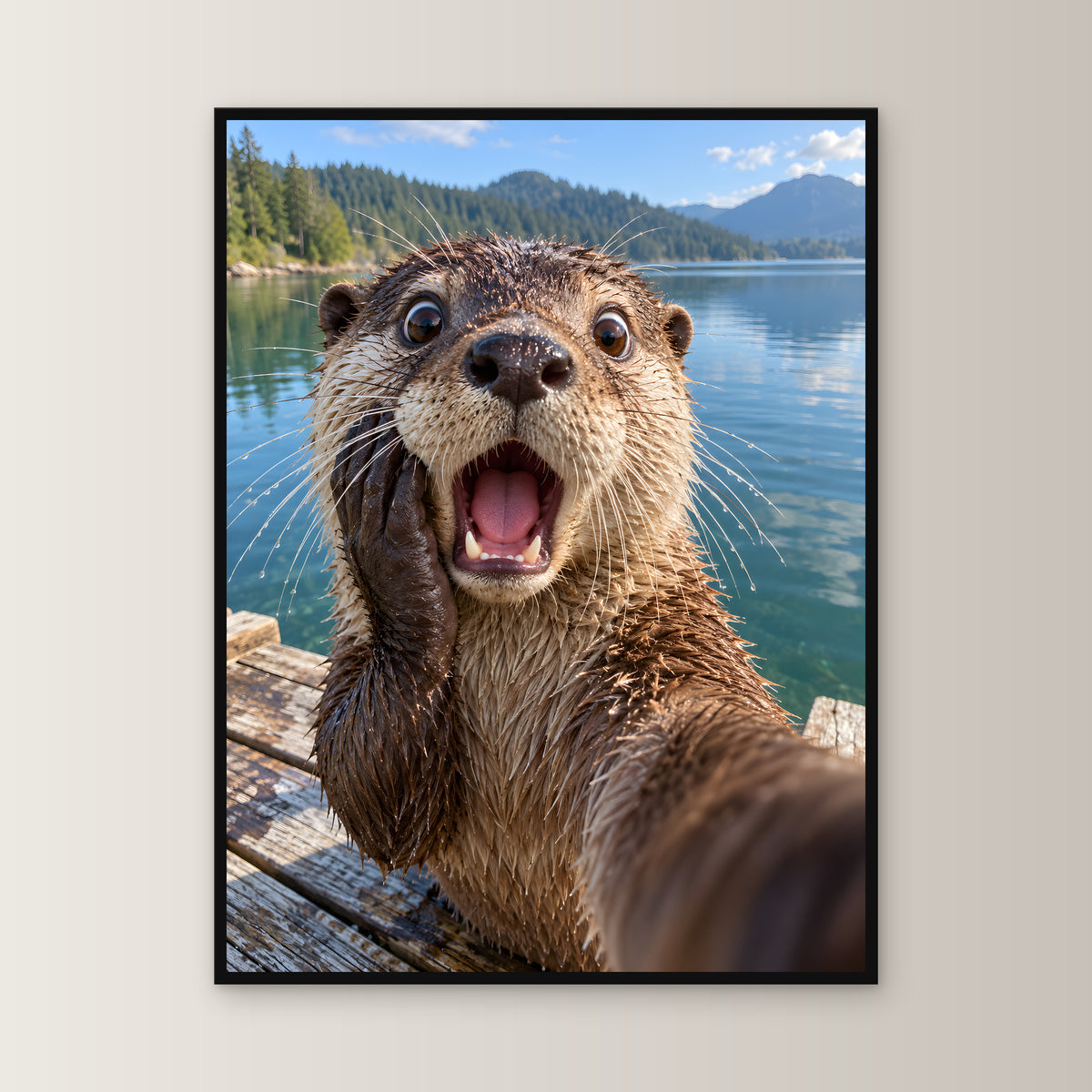 Geschockter Otter – Gerahmtes Wandbild. 60×80 cm. 1 FRONTAL. KI-Motiv.