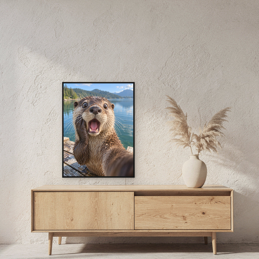 Geschockter Otter – Gerahmtes Wandbild. 60×80 cm. 2 RAUM. KI-Motiv.