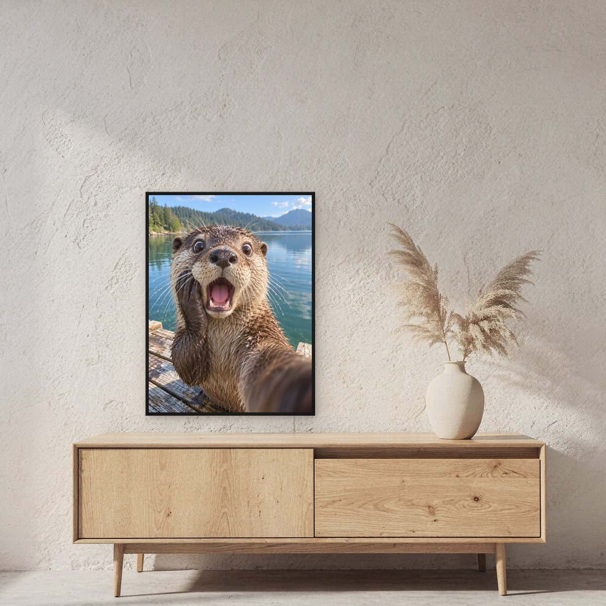 Geschockter Otter – Gerahmtes Wandbild. 60×80 cm. 2 RAUM. KI-Motiv.
